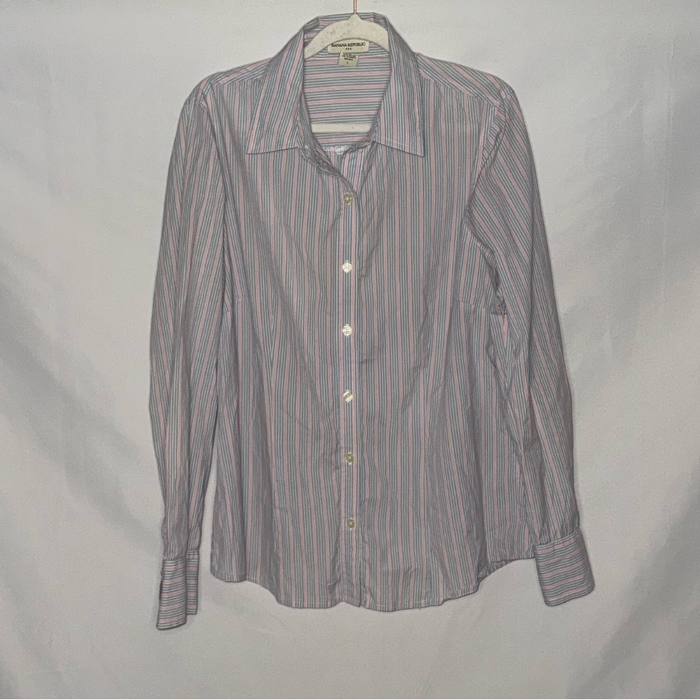 Banana Republic Fitted Non-Iron Blue Pink Striped Button-Up Shirt Size Large EUC
